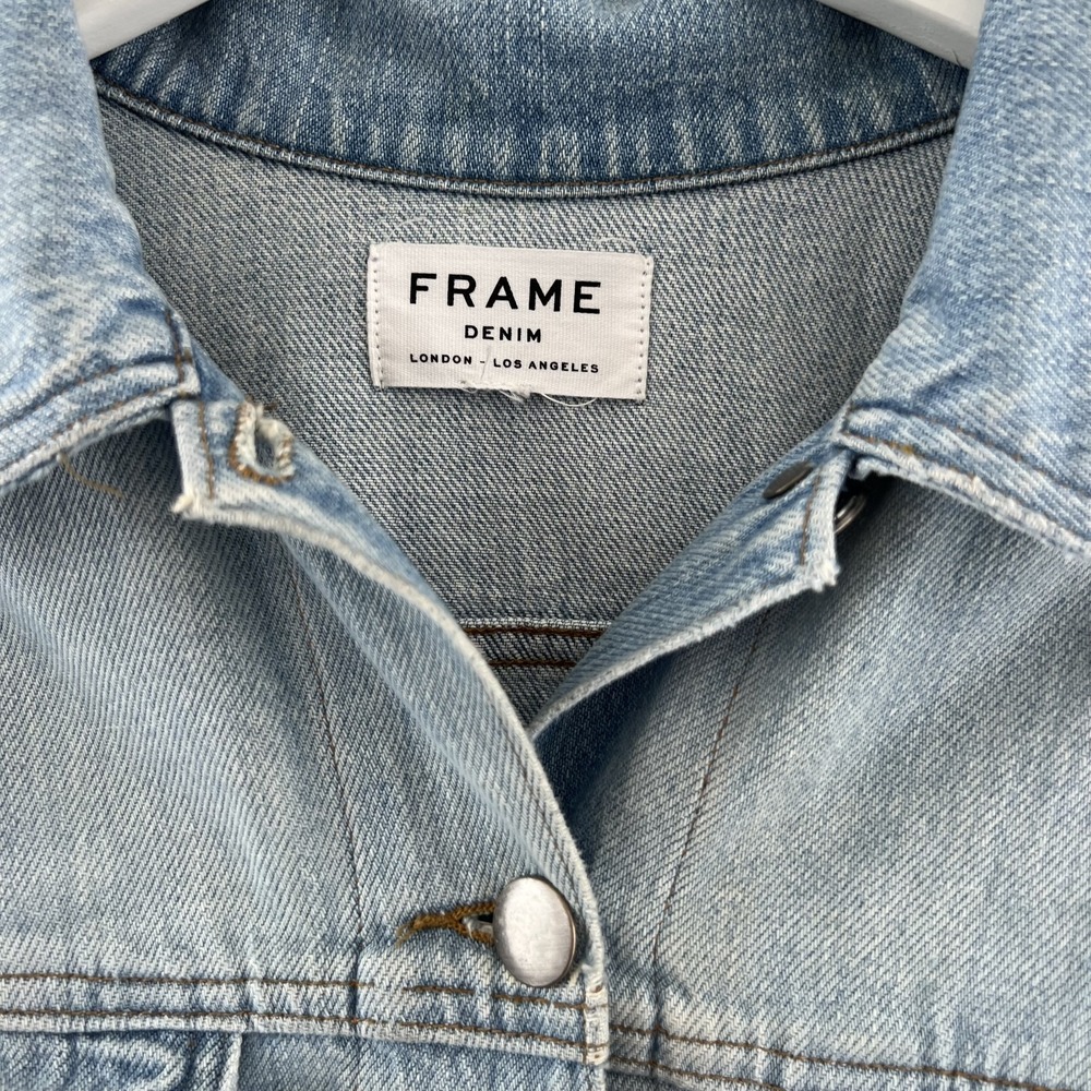 Frame Embroidered Cuffed Jean Jacket Denim Rydell Ave Logo Light Womens Sz Large - Picture 6 of 16